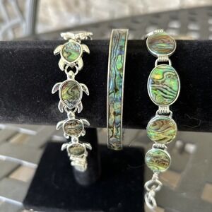 Vintage Lot 3 Silver Tone Green Swirl‎ Stones Bracelets Turtle